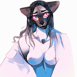 anthro areola barbell_piercing black_hair black_nose breasts female front_view gradient_hair grey_hair hair looking_aside mouth_closed multicolored_hair nipple_barbell nipple_piercing nipples piercing pink_areola pink_eyes pink_nipples pink_sclera pupils red_pupils simple_background solo two_tone_hair white_background white_body white_breasts unknowhiter felid mammal 1:1 2020 colored_sketch dated hi_res sketch