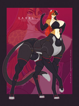 armwear big_breasts breasts bulge cleavage clothed clothing cybernetics detailed_bulge elbow_gloves frontal_taur_genitals gloves gynomorph hair handwear huge_breasts intersex machine multicolored_hair panties pupils red_hair slit_pupils solo two_tone_hair underwear white_hair wmdiscovery93 sabel cheetah cyborg felid feline mammal taur hi_res