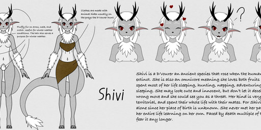 antlers breasts claws clothing eyelashes facial_expressions female grey_body hair horn humanoid_pointy_ears navel neck_tuft nipples nude paws pointy_ears pubes red_eyes solo tail text tuft white_hair shenyiolen d_vourer humanoid absurd_res english_text hi_res model_sheet watermark