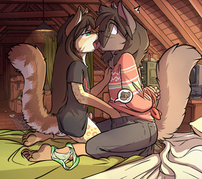 5_toes adolescent adolescent_on_adolescent anthro anthro_on_anthro attic bdsm bed bondage bottomless bottomwear bound clothed clothing computer desk duo electronics emanata erection eye_through_hair eyebrow_through_hair eyebrows feet femboy fluffy fluffy_tail forced forced_kiss french_kissing fur furniture genitals grey_bottomwear grey_clothing grey_pants hair hand_in_pants handjob hands_behind_back hands_tied inside interspecies kissing kneeling licking_tongue looking_pleasured male male/male markings on_bed panties_around_ankle pants partially_clothed penile penis pink_nose questionable_consent sex shota side_view snout spots spotted_body spotted_fur table tail toes tongue tongue_out translucent translucent_hair underwear underwear_down undressing young young_anthro young_male young_on_young domovoi_lazaroth akio_(domovoi_lazaroth) vee_(domovoi_lazaroth) canid canine canis domestic_cat felid feline felis mammal wolf 2019 digital_media_(artwork) shaded