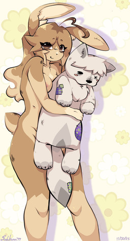 anthro breast_squish breasts female hug hugging_object hugging_plushie medium_breasts nude nude_female plushie scut_tail short_tail slightly_chubby slightly_chubby_female smile solo squish standing tail thick_thighs wide_hips sodabunni99 hare lagomorph leporid mammal rabbit absurd_res digital_media_(artwork) hi_res