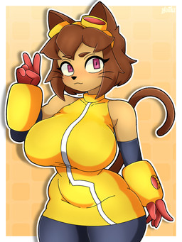 animal_ears armwear bare_shoulders black_nose border breasts brown_hair cat_tail clothing curvy_figure eyebrow_through_hair eyebrows eyelashes eyelashes_through_hair eyewear eyewear_on_head female front_view fur gesture goggles goggles_on_head hair hand_gesture legwear navel_outline pupils short_hair simple_background solo square_pupils standing tail translucent translucent_hair v_sign whiskers white_border hextali gameoverse glitch_productions kit_bodega domestic_cat felid feline felis mammal 2026 4k absurd_res hi_res