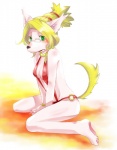 anthro barefoot biped blonde_hair blush bracelet breasts clothed clothing eyewear feet female fur glasses green_eyes hair hair_up humanoid_feet inner_ear_fluff jewelry kneeling looking_aside looking_at_viewer o-ring o-ring_swimwear one-piece_swimsuit pawpads pink_pawpads plantigrade red_sling_bikini side_view skimpy sling_bikini solo swimwear tail tuft wearing_glasses white_body white_fur yellow_tail kanoko_mican cyberconnect2 little_tail_bronx solatorobo merveille_million canid canine canis domestic_dog mammal