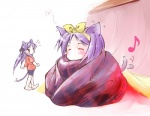 accessory barefoot bedding blanket butt cat_tail duo eyes_closed feet female hair hair_accessory happy musical_note musical_symbol purple_hair short_hair solo_focus symbol tail tail_motion tailwag thin_tail jason_(kaiten_kussaku_kikou) jiei_son lucky_star kagami_hiiragi tsukasa_hiiragi animal_humanoid cat_humanoid felid felid_humanoid feline feline_humanoid humanoid mammal mammal_humanoid digital_media_(artwork) sibling_(lore) sister_(lore) sisters_(lore) twins_(lore)