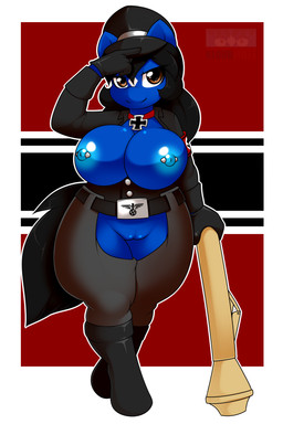 anthro big_breasts black_hair breasts brown_eyes clothed clothing cross curvy_figure erect_nipples female genitals gesture hair iron_cross looking_at_viewer nazi nipple_piercing nipples open_clothing open_shirt open_topwear piercing plump_labia pose salute shirt skimpy smile solo swastika topwear voluptuous vulva wide_hips kloudmutt hasbro my_little_pony fan_character klodette earth_pony equid equine horse mammal pony 2:3 hi_res