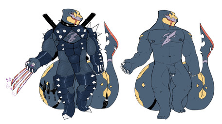 anthro balls bodysuit claw_(weapon) claws cleavage_cutout clothing collar cutout fangs foreskin genital_piercing genitals long_tail male melee_weapon muscular muscular_anthro muscular_male nipple_piercing nipples penis penis_piercing piercing poison realistic_penis_size red_sclera sharp_tail skinsuit solo spiked_clothing spiked_collar spikes sword sword_on_back tail tail_harness teeth tight_clothing weapon weapon_on_back noofs nintendo pokemon juzo_(gogokeeko) generation_3_pokemon pokemon_(species) seviper 2025 colored digital_media_(artwork) hi_res model_sheet