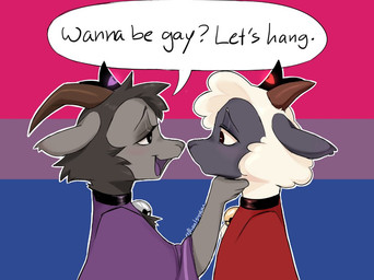 anthro bell bell_collar bisexual_pride_colors black_body black_fur collar crown cupping_chin duo eye_contact fur grey_body grey_fur headgear horn lgbt_pride lidded_eyes looking_at_another male male/male pride_colors stated_homosexuality stated_sexuality text white_body white_fur n0heals4you cult_of_the_lamb massive_monster_(studio) goat_(cult_of_the_lamb) lamb_(cult_of_the_lamb) red_crown_(cult_of_the_lamb) bovid caprine goat mammal sheep 2024 english_text reaction_image
