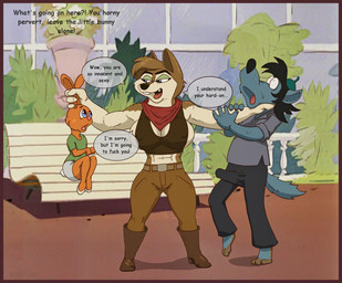 anthro border breasts breath bulge butt clothed clothing detailed_bulge dominant dominant_female erection erection_under_clothing feet female genital_outline group imminent_rape imminent_sex looking_pleasured male male/female open_mouth penis_outline profanity red_border size_difference text tongue tongue_out vylfgor disney ducktales ducktales_(2017) soyuzmultfilm well_just_you_wait! background_character volk_(wjyw) zayats_(wjyw) canid canine canis hare lagomorph leporid mammal wolf crossover digital_media_(artwork) english_text hi_res