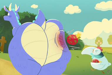 ambiguous_gender anthro big_butt bottom_heavy butt butt_slap butt_smack cloud dragon_fruit duo fence feral food fruit hitting hitting_another huge_butt impact plant red_butt scales shrub size_difference slap tail thick_thighs throwing throwing_food throwing_object tree wide_hips rogero_(artist) mythology valve valve_corporation steam_sale_chicken steam_sale_dragon avian bird chicken dragon galliform mythological_creature mythological_scalie phasianid scalie hi_res watermark