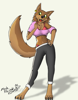 4_toes 5_fingers anthro barefoot biped black_nose bra breasts brown_body brown_fur chest_tuft claws clothed clothed_anthro clothed_female clothing crop_top cute_fangs digitigrade ear_piercing ear_ring eyelashes fangs feet female female_anthro finger_claws fingers fluffy fluffy_tail front_view fully_clothed fully_clothed_anthro fully_clothed_female fur green_eyes hand_on_hip hand_on_own_hip hindpaw humanoid_hands inner_ear_fluff leggings legwear long_tail midriff nails navel open_mouth open_smile paws piercing pink_clothing pink_topwear ring_piercing shirt simple_background smile solo standing tail teeth text thong_straps toe_claws toes tongue topwear tuft underwear fleshslinky nicole_(fleshslinky) canid canine canis mammal wolf artist_name full-length_portrait hi_res portrait