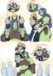 abs armor big_breasts blonde_hair blue_hair blush breasts clothed clothing female fur green_body green_fur group hair human humanoid humanoid_pointy_ears kyabosean male mammal muscular muscular_female orc pointy_ears simple_background size_difference skimpy