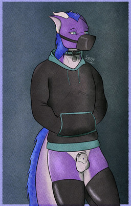 anthro bell bell_collar bottomless casual_chastity casual_exposure chastity_cage chastity_device clothed clothing collar flat_chastity_cage fur hoodie legwear male metal_chastity_cage muzzle_(object) muzzled no_underwear purple_body purple_fur solo thigh_highs topwear wearing_chastity_cage wearing_chastity_device wearing_collar soto99 mythology anthony_soto dragon mythological_creature mythological_scalie scalie absurd_res hi_res nonbinary_(lore)