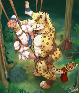 anal anal_fingering animal_genitalia animal_penis anklet anthro anthro_on_anthro anthro_penetrated anthro_penetrating anthro_penetrating_anthro arm_tuft balls barbell_piercing bdsm blonde_hair bondage bottomwear bottomwear_aside bound canine_genitalia canine_penis cheek_tuft clothing clothing_aside countershading crotch_apron duo ear_piercing ear_ring elbow_tuft erection eyes_closed facial_hair facial_tuft feathers fellatio fingered_while_fellating fingering fur genitals goatee green_eyes hair jewelry knot loincloth loincloth_aside male male/male male_fingered male_fingering male_fingering_male male_penetrated male_penetrating male_penetrating_male markings necklace nipple_barbell nipple_piercing nipples oral oral_penetration orange_body orange_fur outside_sex penetration penile penis penis_in_mouth perineum piercing pink_nipples pink_nose pink_penis questionable_consent restraints ring_piercing rope rope_bondage sex spots spotted_arms spotted_body spotted_fur spotted_legs spotted_markings spotted_tail standing standing_sex tail tail_markings tribal tuft upside_down vein veiny_penis white_body white_fur white_hair yellow_body yellow_fur pache_riggs therris canid canine canis domestic_dog felid leopard mammal pantherine absurd_res hi_res signature