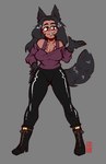 animal_ears black_body black_boots black_bottomwear black_clothing black_ears black_eyebrows black_footwear black_fur black_hair black_inner_ear_fluff black_pants black_tail boots bottomwear breasts butt butt_from_the_front cleavage clothed clothed_female clothed_humanoid clothing eyebrows female female_humanoid footwear front_view fully_clothed fully_clothed_female fully_clothed_humanoid fur grey_background hair hand_on_hip high_heeled_boots high_heels inner_ear_fluff pants parted_hair shirt shoes simple_background smile solo tail tan_body tan_skin topwear tuft derpyfox_36 animal_humanoid canid canid_humanoid canine canine_humanoid humanoid mammal mammal_humanoid 2023 absurd_res digital_drawing_(artwork) digital_media_(artwork) full-length_portrait hi_res portrait
