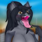 anthro bodily_fluids drooling fangs female gaping_mouth gesture hand_gesture mouth_shot open_mouth pointing saliva sharp_teeth solo teeth tongue tongue_out uvula vector yellow_eyes emu34b gina_(golderoug) canid canine canis mammal wolf absurd_res hi_res