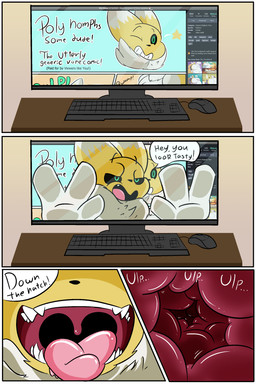 anthro black_sclera breaking_the_fourth_wall computer electronics female female_pred internal oral_vore prey_pov solo text tongue tongue_out uvula vore the_hookaloof bandai_namco digimon poly_(hookaloof) digimon_(species) renamon 2:3 absurd_res comic english_text hi_res
