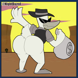 anthro butt butt_slap cactus clothing desert feathers male money_bag plant profanity slap speech_bubble suit sunglass text toony white_body white_feathers nightdazed cel_damage fowl_mouth anatid anseriform avian bird duck 1:1 animated hi_res loop