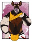 anthro bulge clothed clothing clothing_lift horn jockstrap male muscular nipples ossicone pulling_pants_down solo tongue tongue_out underwear v1nw0lf silas_(v1nw0lf) giraffid mammal okapi absurd_res hi_res