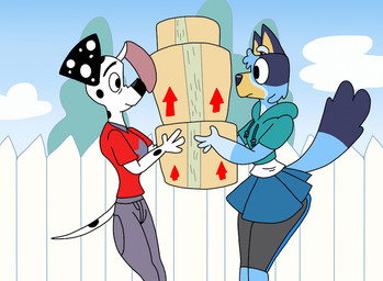 aged_up anthro black_spots blue_bottomwear blue_clothing blue_skirt bottomwear box clothing container denim denim_bottomwear denim_clothing duo female fur grey_bottomwear grey_clothing grey_jeans grey_pants holding_box holding_container holding_object hoodie jeans male pants red_clothing red_shirt red_t-shirt red_topwear shirt skirt spots t-shirt tan_inner_ear tan_snout teal_clothing teal_hoodie teal_topwear topwear white_body white_fur sticostudios 101_dalmatian_street 101_dalmatians bluey_(series) disney bluey_heeler dylan_(101_dalmatians) australian_cattle_dog canid canine canis cattledog dalmatian domestic_dog herding_dog mammal pastoral_dog 2025 crossover