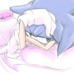 anthro bed blue_body blue_fur clothing dialogue fur furniture gloves green_eyes half-closed_eyes handwear male narrowed_eyes on_bed simple_background solo speech_bubble text white_background nashi_(intothe_bluesky) sega sonic_the_hedgehog_(series) sonic_the_hedgehog eulipotyphlan hedgehog mammal 1:1 english_text