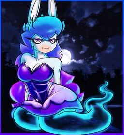 anthro blue_hair breasts cleavage clothed clothing female full_moon fur hair half-closed_eyes moon narrowed_eyes night purple_eyes sharp_teeth solo teeth white_body white_fur kaizooki mario_plus_rabbids_sparks_of_hope raving_rabbids rayman_(series) ubisoft midnite_(mario_plus_rabbids) ghost lagomorph leporid mammal rabbid rabbit spirit hi_res