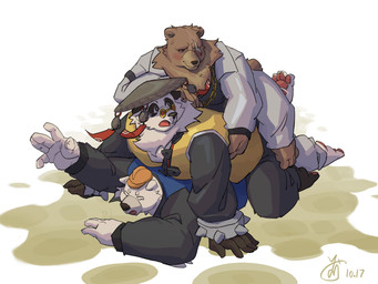 anthro armor asian_conical_hat brown_body brown_fur clothing eyewear fur glasses group hat headgear headwear helmet male male/male multicolored_body multicolored_fur stacking trio white_body white_fur ye_xiaojuan mihoyo zenless_zone_zero ben_bigger mishka_(zenless_zone_zero) pan_yinhu bear brown_bear giant_panda mammal polar_bear ursine hi_res