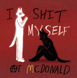 anarchy_symbol anthro black_body bodily_fluids burger covering covering_self crying ears_up eyes_closed feces feces_on_body feces_on_butt food holding_burger holding_food holding_object looking_at_viewer male parody sitting sitting_on_ground solo_focus standing tail tears text white_body reynard_goodfellow mcdonald's canid canine canis mammal wolf hi_res meme