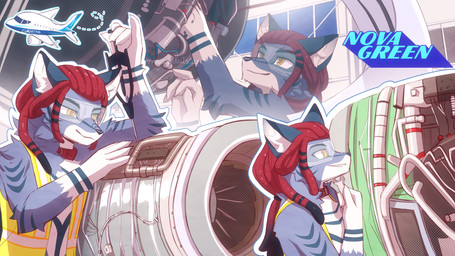 aircraft airplane anthro biped black_nose black_stripes cheek_tuft claws clothed clothing countershade_face countershade_fur countershade_torso countershading dreadlocks eyewear facial_tuft fur gloves_(marking) goggles green_eyes grey_body grey_fur hair inner_ear_fluff male markings mechanic multicolored_body red_hair solo striped_body stripes topwear tuft two_tone_body vehicle vest white_body white_countershading white_fur white_markings yellow_clothing yellow_topwear yellow_vest sunnynoga canid canine canis domestic_dog mammal 16:9 2025 hi_res multiple_scenes widescreen