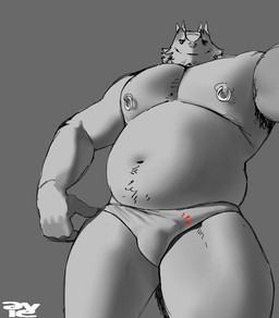 anthro armpit_hair belly body_hair bulge clothing detailed_bulge facial_hair facial_piercing happy_trail looking_at_viewer looking_down looking_down_at_viewer low-angle_view male musclegut muscular muscular_male navel nipple_piercing nipple_ring nipples nose_piercing overweight overweight_male piercing ring_piercing septum_piercing small_bulge smile solo underwear aviesergal avie sergal hi_res