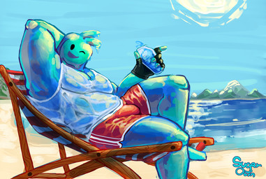 beach beverage blue_body bottomwear bulge clothed clothing day fingerless_gloves fully_clothed gloves handwear holding_beverage holding_object looking_at_viewer male one_eye_closed open_mouth open_smile outside sand seaside shirt shorts sitting sky smile solo sun swimming_trunks swimwear tank_top topwear water wink sugarovin epic_games fortnite rippley_(fortnite) goo_creature goo_humanoid humanoid absurd_res hi_res