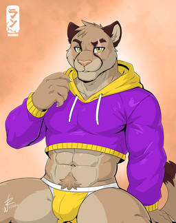 anthro bright_colors bulge clothing eye_scar facial_scar hoodie jockstrap male muscular muscular_anthro muscular_male navel pose scar smile solo tail topwear underwear yellow_eyes dragoran meme_clothing ricius_teck cougar felid feline mammal 2025 hi_res meme