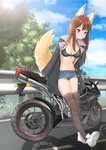 bottomwear bra breasts brown_hair cleavage clothed clothing cloud day exhaust exhaust_pipe female footwear hair jacket legwear looking_at_viewer motorcycle navel outside plant road shoes shorts smile solo stockings topwear tree underwear vehicle kemo_neko animal_humanoid canid canid_humanoid humanoid mammal mammal_humanoid 2019 absurd_res digital_media_(artwork) hi_res shaded