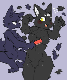 >_o anthro arm_tuft black_body black_fur blue_body blue_fur breasts cheek_tuft chest_tuft comb crotch_tuft duo elbow_tuft emanata eye_contact facial_markings facial_tuft featureless_breasts featureless_crotch female fingers fluffy forehead_markings front_view fur head_markings head_tuft hip_tuft interspecies looking_at_another male markings nude nude_female nude_male personal_grooming shedding shedding_fur shoulder_tuft slim slim_female slim_male social_grooming sweat_emanata tuft wrist_tuft yellow_eyes pizademokttero nifram_logan tarahe canid canine canis domestic_cat felid feline felis mammal wolf 2025 5:6 digital_drawing_(artwork) digital_media_(artwork) hi_res