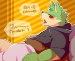 anthro biped blush bodily_fluids brown_body clothing duo eyes_closed green_body hoodie humanoid_hands kemono shirt sweat text topwear green_bell canid canine mammal 2022 english_text hi_res japanese_text