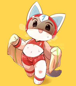 anthro armor blush bodily_fluids bottomwear clothing crop_top fur headgear helmet kemono male musk shirt shorts shortstack shortstack_male solo superhero sweat thong_straps topwear towel white_body white_fur sd_till3219 animal_crossing nintendo kid_cat_(animal_crossing) domestic_cat felid feline felis mammal absurd_res hi_res