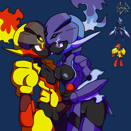 4_fingers areola armor balls big_penis black_balls black_body black_penis breast_squish breasts duo erection eye_contact eye_mist eyelashes female female_humanoid fingers fire genitals glans hand_on_another's_penis hand_on_partner's_penis hand_on_penis humanoid_genitalia humanoid_on_humanoid humanoid_penis kissing looking_at_another looking_at_partner male male/female male_humanoid medium_breasts multicolored_armor nipples nude penis penis_grab pokemorph pseudo_hair purple_areola purple_armor purple_eyes purple_nipples purple_tongue red_armor red_eyes red_glans simple_background squish standing tongue vulva yellow_armor safersophieroth nintendo pokemon armarouge ceruledge generation_9_pokemon humanoid pokemon_(species) 1:1 2026 absurd_res digital_media_(artwork) hi_res watermark