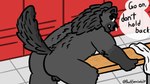 anthro balls bench bent_over butt genitals locker_room looking_at_viewer looking_back male nude rear_view sex simple_background solo tail text eemwolf eem_(eemwolf) canid canine canis mammal wolf absurd_res digital_media_(artwork) hi_res