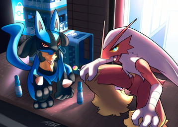 anthro black_body black_fur blue_body blue_eyes blue_fur candy crouching dessert duo food fur hair lollipop male multicolored_body multicolored_fur open_mouth red_body red_eyes red_fur white_hair yellow_body yellow_fur yellow_sclera netiel nintendo pokemon blaziken generation_3_pokemon generation_4_pokemon lucario pokemon_(species) hi_res