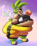 accessory alternative_fashion angry anthro belly big_belly big_butt biped blue_eyes bottomwear bracelet breasts burger butt chubby_cheeks cleavage clothed clothing countershading dialogue double_chin ear_piercing ear_ring eating eating_food eyelashes female food footwear fur gloves green_body green_fur green_hair hair hair_accessory hair_tie handwear holding_burger holding_food holding_object huge_belly huge_butt huge_hips huge_thighs jewelry looking_at_viewer narrowed_eyes navel obese obese_anthro obese_female open_mouth overweight overweight_anthro overweight_female pants piercing punk ring_piercing sharp_teeth shirt shoes solo speech_bubble spiked_bracelet spikes standing tail talking_to_viewer tan_body tan_skin tank_top teeth text thick_arms thick_thighs three-quarter_view tied_hair topwear undersized_clothing undersized_topwear white_clothing white_gloves white_handwear wide_hips cro-iba idw_publishing sega sonic_the_hedgehog_(comics) sonic_the_hedgehog_(idw) sonic_the_hedgehog_(series) surge_the_tenrec afrosoricid mammal tenrec 2024 digital_drawing_(artwork) digital_media_(artwork) english_text full-length_portrait portrait