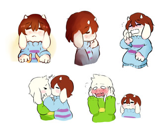 :3 alternate_species ambiguous_gender anthro blue_clothing blue_sweater blue_topwear blush blush_stickers boop clothed clothing contact_onomatopoeia duo embarrassed eyes_closed fur green_clothing green_sweater green_topwear hand_holding horn kissing male onomatopoeia pattern_clothing pattern_sweater pattern_topwear shirt simple_background solo sound_effects striped_clothing striped_sweater striped_topwear stripes sweater text topwear white_background white_body white_fur caribun undertale undertale_(series) asriel_dreemurr frisk_(undertale) boss_monster_(undertale) bovid caprine mammal hi_res multiple_images