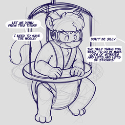 3_toes 5_fingers ambiguous_gender angry anthro baby_bouncer bad_end big_diaper blush blush_lines clean_diaper clothed clothing dialogue diaper diaper_only feet fingers grey_background hypnotic_visor linked_speech_bubble lock_symbol looking_down offscreen_character open_mouth restrained simple_background solo speech_bubble suspension tail text three-quarter_view toes topless wearing_diaper ludis-luteo domestic_cat felid feline felis mammal 1:1 2020 absurd_res english_text full-length_portrait greyscale hi_res monochrome portrait