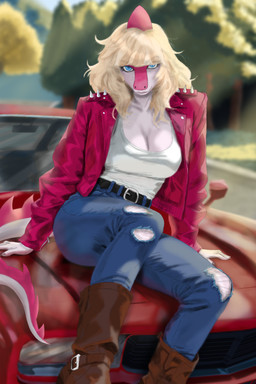 anthro belt big_breasts biped blonde_hair blue_eyes bone_frill boots bottomwear breasts car clothed clothed_anthro clothed_female clothing denim denim_bottomwear denim_clothing female fingers footwear frill_(anatomy) front_view hair humanoid_hands jacket jeans long_hair long_tail looking_at_viewer non-mammal_breasts open_clothing open_jacket open_topwear outside pants pose red_clothing red_jacket red_topwear shirt shoes sitting sitting_on_car solo spiked_tail spikes spikes_(anatomy) tail tank_top topwear torn_bottomwear torn_clothing torn_pants vehicle white_clothing white_shirt white_tank_top white_topwear ryangoslinghorny cavemanon_studios i_wani_hug_that_gator mia_moretti dinosaur hadrosaurid ornithischian ornithopod parasaurolophus prehistoric_species reptile scalie 2025 2:3 absurd_res colored hi_res