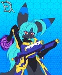 ahoge anthro armor big_breasts blue_hair breasts clothing female gun hair leotard markings ranged_weapon red_eyes rifle shadow_ball smile solo weapon derthevaporeon nintendo pokemon mitsuki_(derthevaporeon) eeveelution generation_2_pokemon pokemon_(species) umbreon 2023 digital_drawing_(artwork) digital_media_(artwork) hi_res