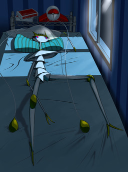 bed blue_eyes clock eyelashes female furniture pillow pseudo_clothing solo window hispol nintendo pokemon arthropod generation_7_pokemon insect pheromosa pokemon_(species) ultra_beast hi_res