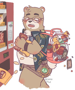 anthro backpack belly bodily_fluids bottomwear brown_body brown_fur candy chips_(food) chocolate clothing dessert eyewear food fur glasses humanoid_hands kemono male overweight overweight_male shirt shorts solo tears topwear vending_machine jamiephut bear mammal 2021 hi_res