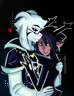 anthro antlers black_antlers black_hair black_sclera brown_body brown_fur clothed clothing cross cross_ear_piercing cross_ear_ring cross_piercing curved_horn duo ear_piercing eyewear female fully_clothed fur glasses hair heart_symbol horn hug male male/female piercing rectangular_glasses red_nose robe romantic romantic_couple white_body white_fur dessoirprinces deltarune undertale undertale_(series) asriel_dreemurr asriel_dreemurr_(god_form) dess_holiday roaring_knight bovid caprine deer goat mammal monster new_world_deer reindeer shadow_creature hi_res