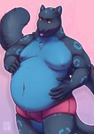 anthro belly big_belly black_body black_fur blep blue_body blue_fur blue_nose blue_spots brown_eyes clothing fur holding_belly looking_at_viewer male moobs navel nipples overweight overweight_male pink_tongue red_clothing red_underwear simple_background solo spots tail tongue tongue_out underwear yellow_sclera aucherr cider_(andersfox) felid leopard mammal pantherine 2022 hi_res