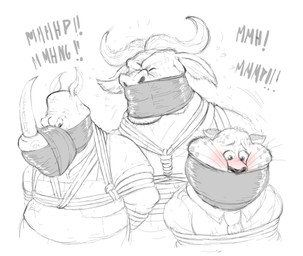 anthro bdsm blush bondage bound duct_tape eyes_closed gag gagged group horn male muffled muzzle_(object) muzzled restraints rope rope_bondage simple_background slightly_chubby submissive submissive_male tape tape_gag tape_muzzle text white_background bondagefanart disney zootopia benjamin_clawhauser chief_bogo officer_mchorn bovid bovine cape_buffalo cheetah felid feline mammal rhinoceros digital_drawing_(artwork) digital_media_(artwork)