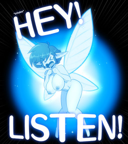 areola big_breasts breasts collarbone dialogue eyebrows female glowing hair hanging_breasts humanoid_pointy_ears insect_wings nipples not_furry nude open_mouth pointy_ears short_hair solo wings yelling scorpdk nintendo ocarina_of_time the_legend_of_zelda navi fairy humanoid 2026 hi_res