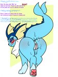 after_transformation blue_body bodily_fluids female feral fin frill_(anatomy) gender_transformation genitals neck_frill purple_eyes pussy simple_background solo sweat tail tail_fin text transformation pomiart nintendo pokemon eeveelution generation_1_pokemon pokemon_(species) vaporeon english_text hi_res